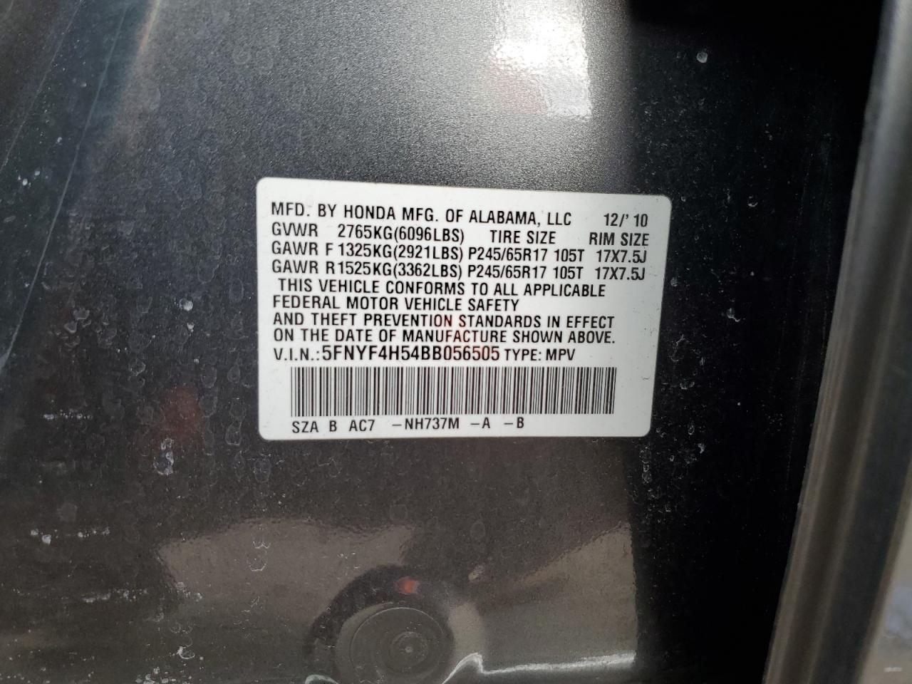 2011 Honda Pilot VIN 5FNYF4H54BB056505 Copart auction photo, rear end damage thumbnail 13