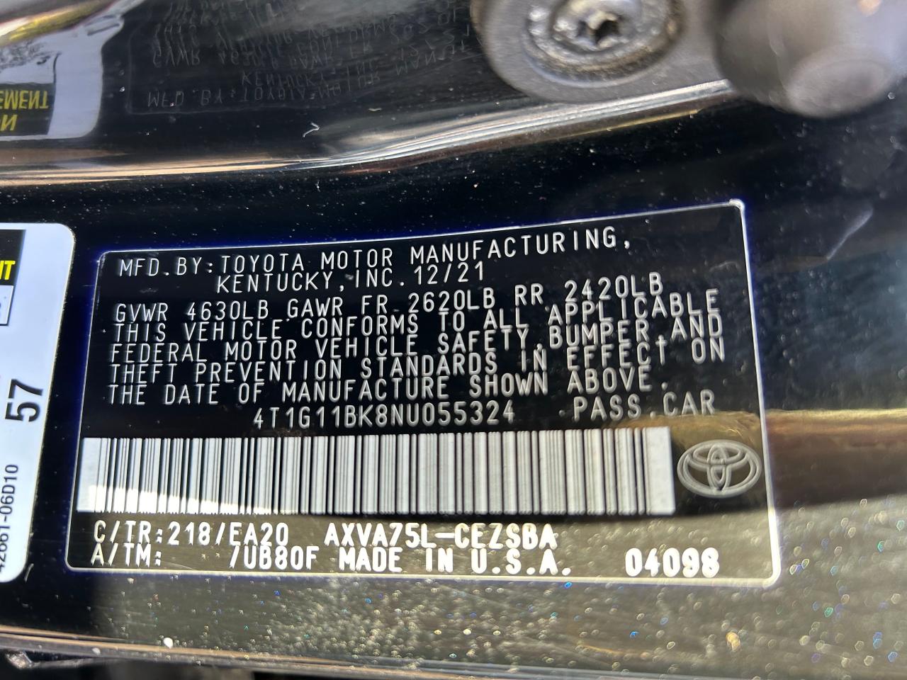 2022 Toyota Camry VIN 4T1G11BK8NU055324 Copart auction photo, front end / normal wear damage thumbnail 10