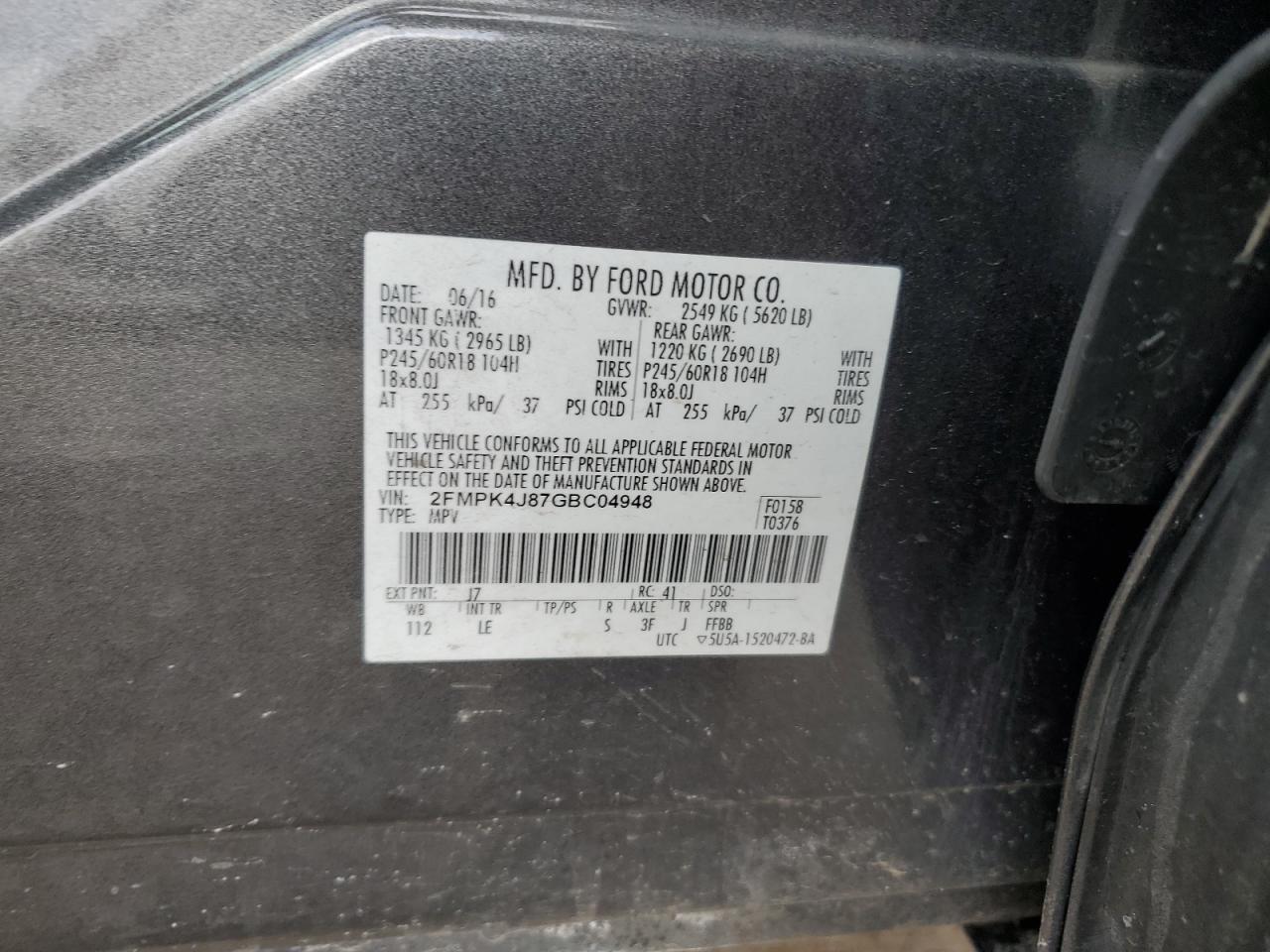2016 Ford Edge VIN 2FMPK4J87GBC04948 Copart auction photo, front end damage thumbnail 12