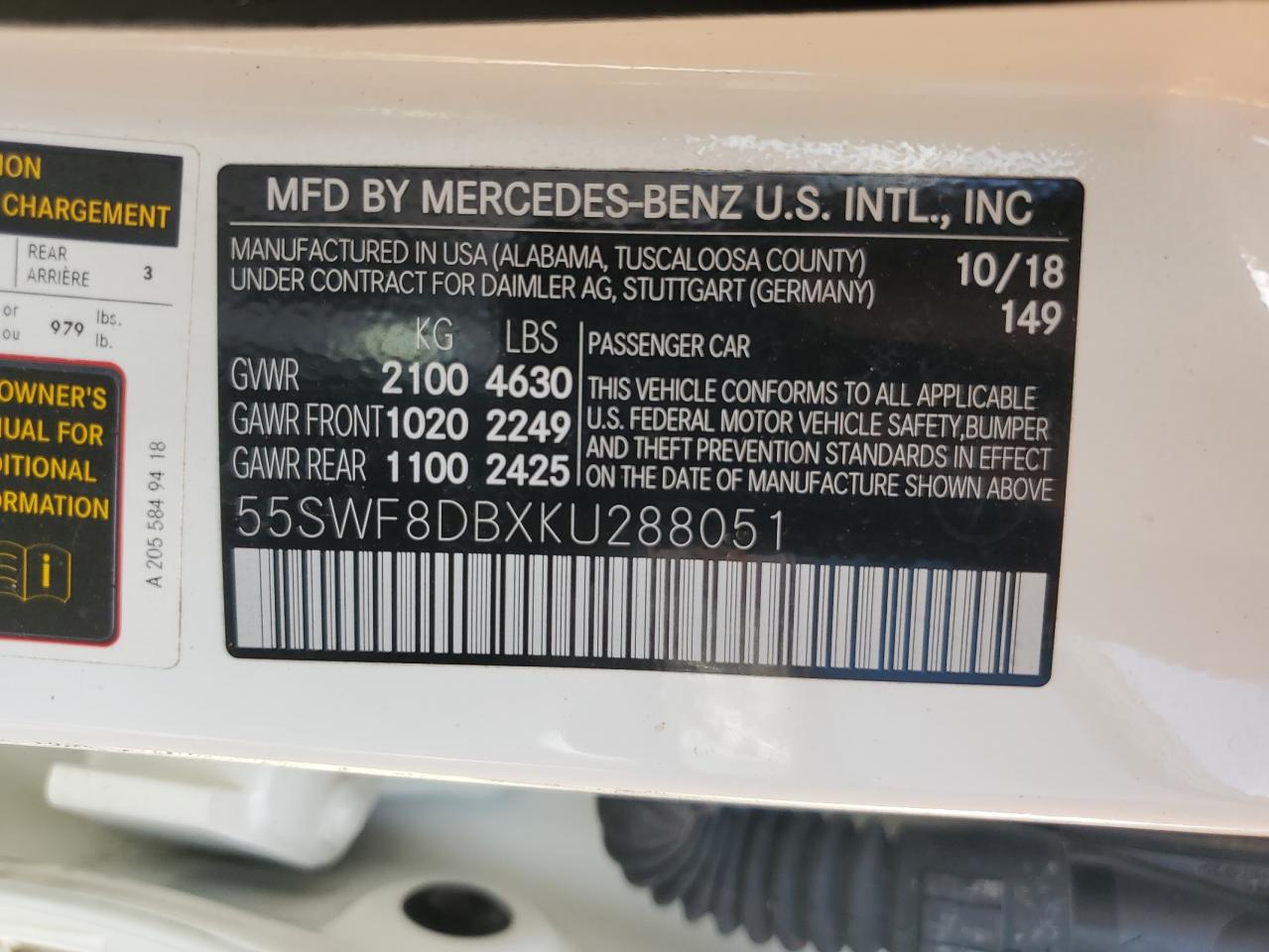 2019 Mercedes-Benz C-klasse VIN 55SWF8DBXKU288051 Copart auction photo, water/flood damage thumbnail 13