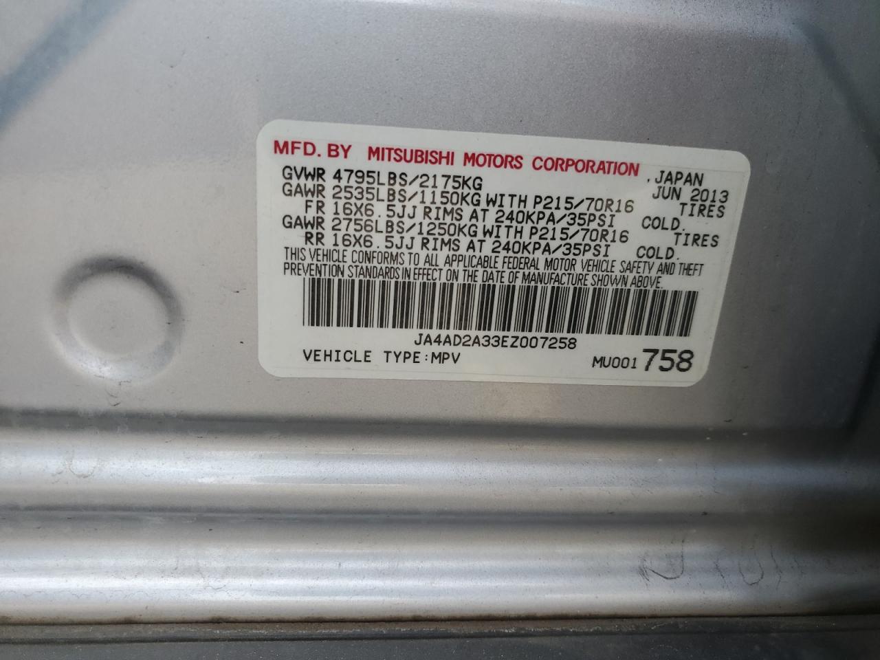 2014 Mitsubishi Outlander VIN JA4AD2A33EZ007258 Copart auction photo, rear end damage thumbnail 15