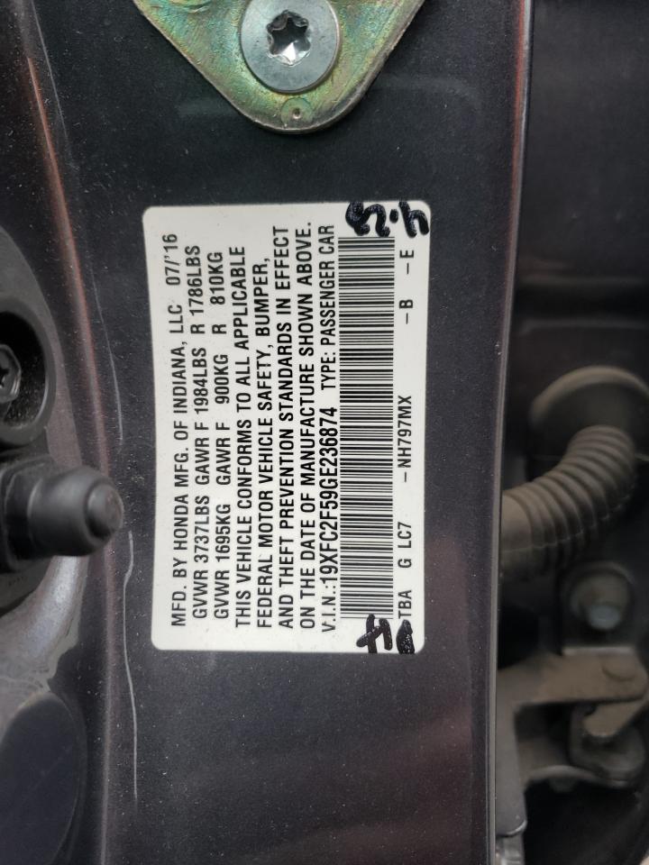 2016 Honda Civic VIN 19XFC2F59GE236874 Copart auction photo, rear end / side damage thumbnail 13