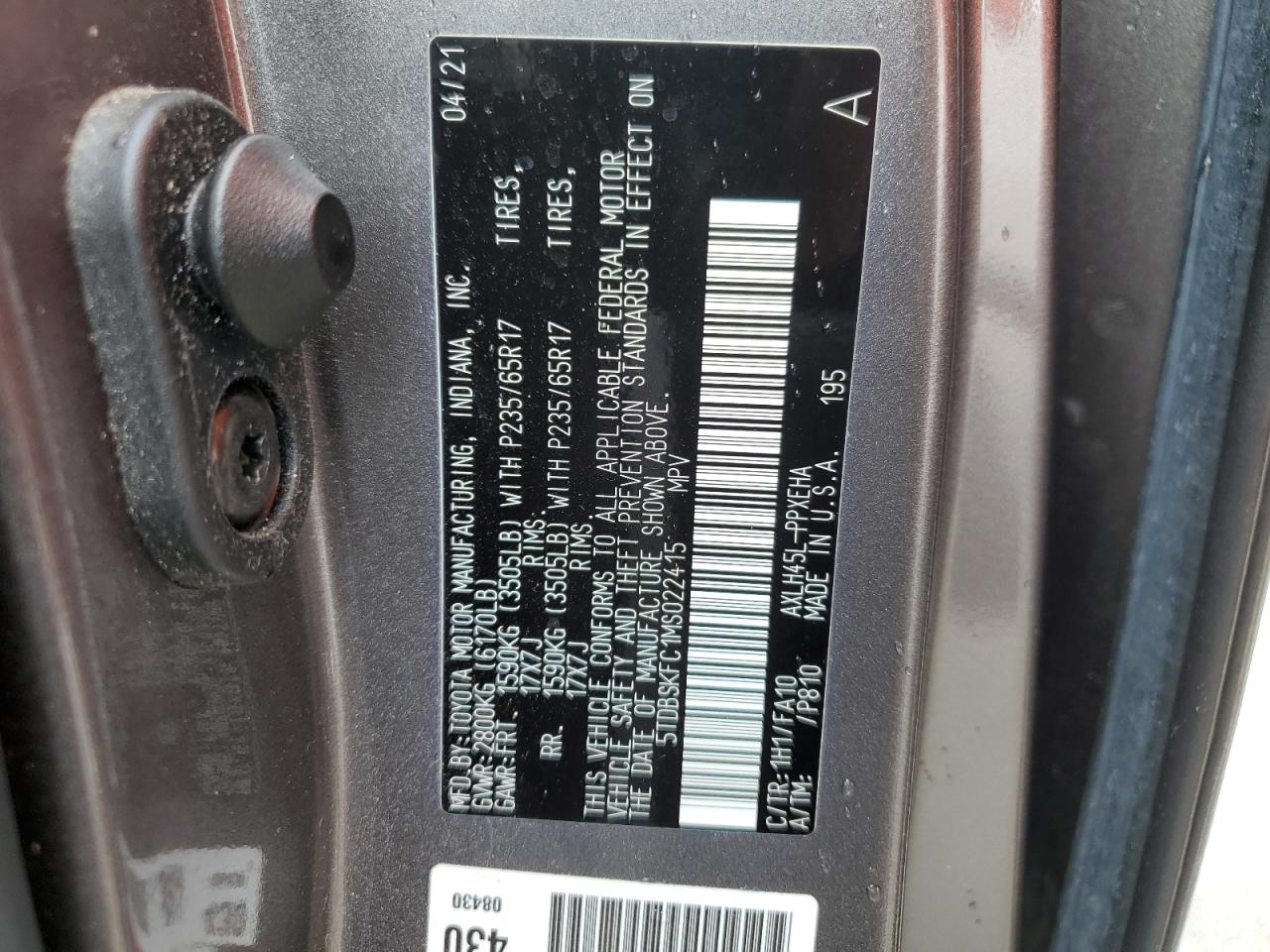2021 Toyota Sienna VIN 5TDBSKFC1MS022415 Copart auction photo, water/flood damage thumbnail 14