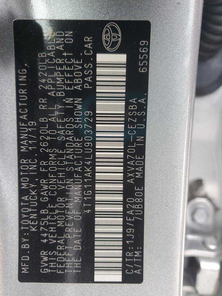2020 Toyota Camry VIN 4T1G11AK4LU903729 Copart auction photo, rear end damage thumbnail 13