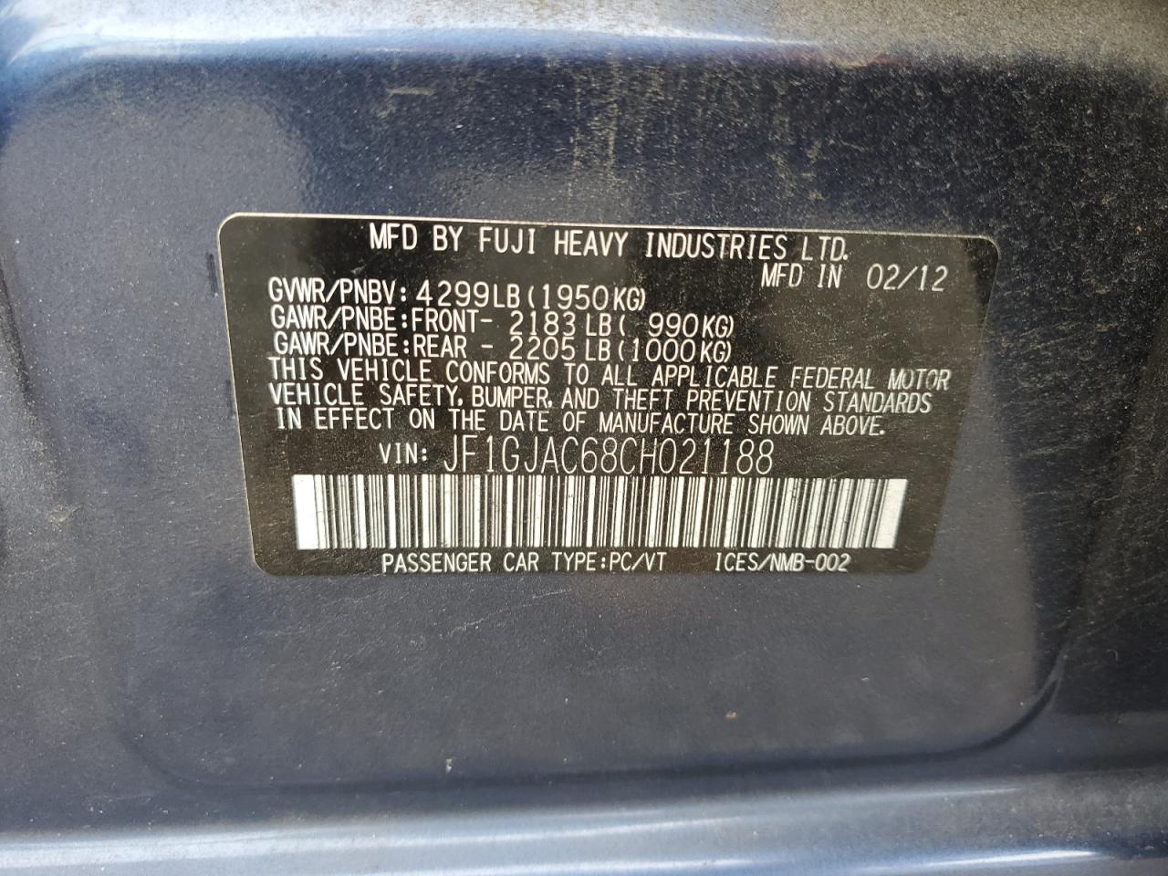 2012 Subaru Impreza VIN JF1GJAC68CH021188 Copart auction photo, front end damage thumbnail 12