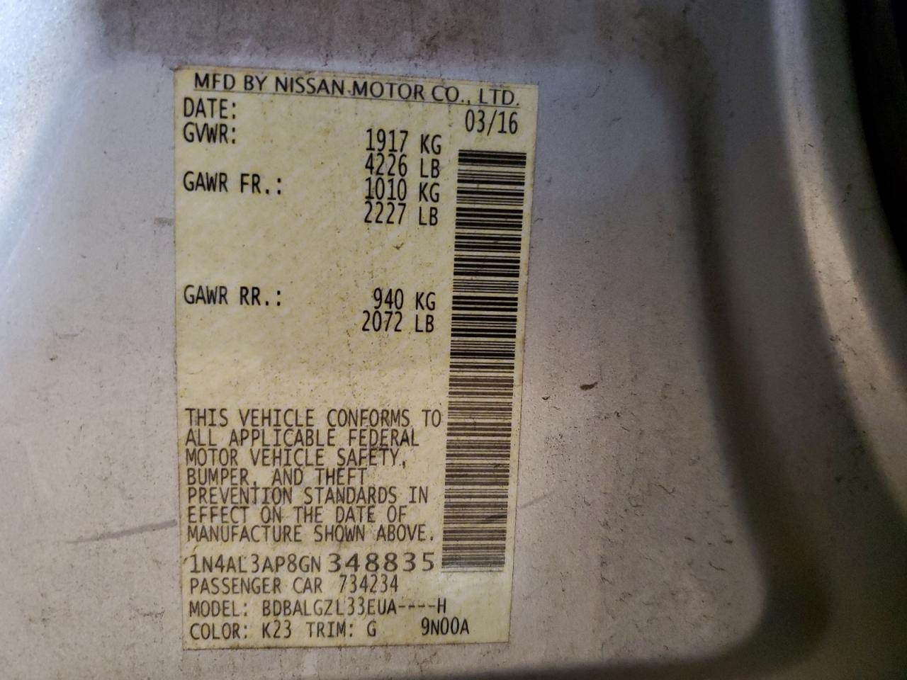 2016 Nissan Altima VIN 1N4AL3AP8GN348835 Copart auction photo, front end damage thumbnail 12