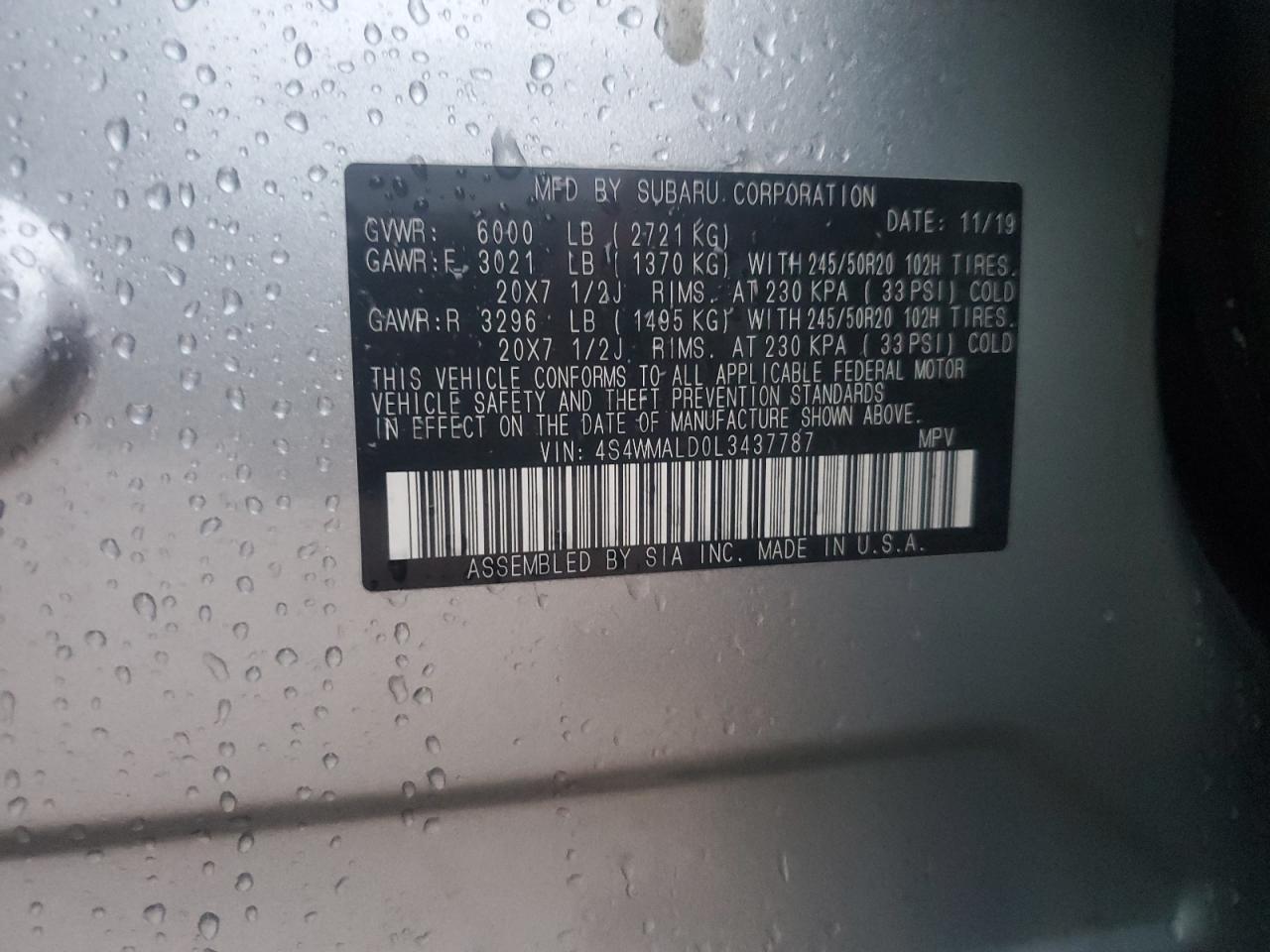 2020 Subaru Ascent VIN 4S4WMALD0L3437787 Copart auction photo, front end / undercarriage damage thumbnail 14