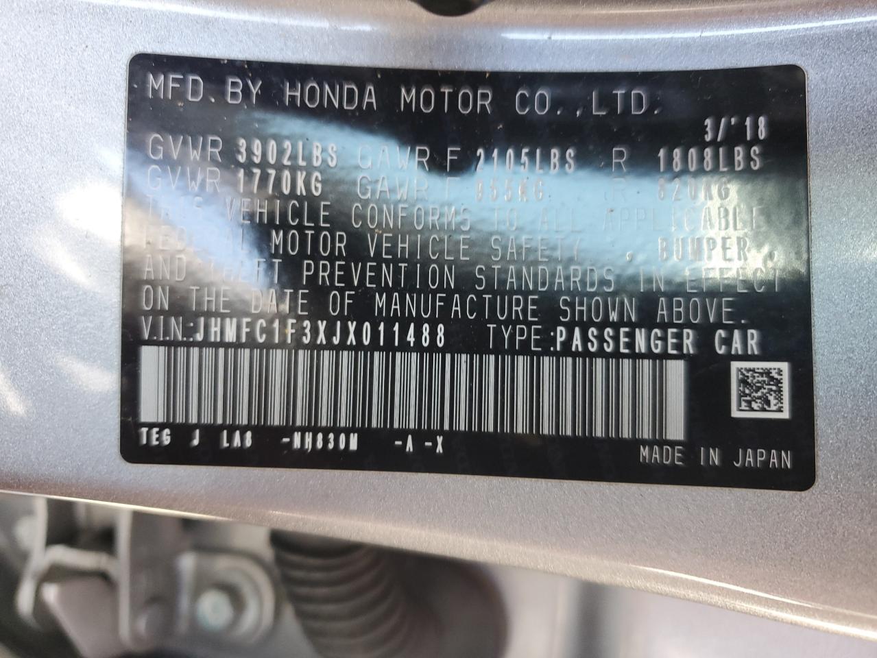 2018 Honda Civic VIN JHMFC1F3XJX011488 Copart auction photo, front end / rear end damage thumbnail 13