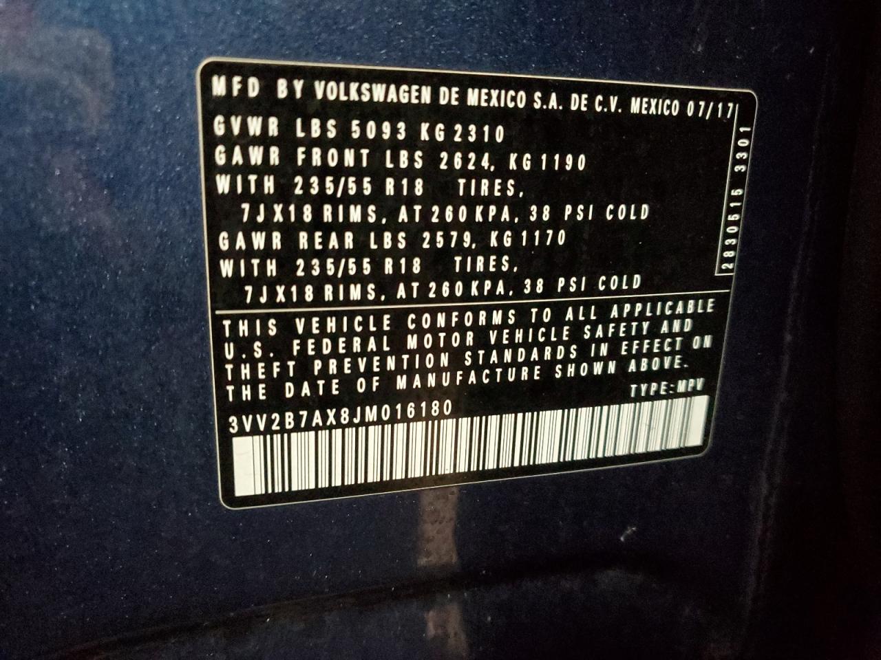 2018 Volkswagen Tiguan VIN 3VV2B7AX8JM016180 Copart auction photo, undercarriage damage thumbnail 16