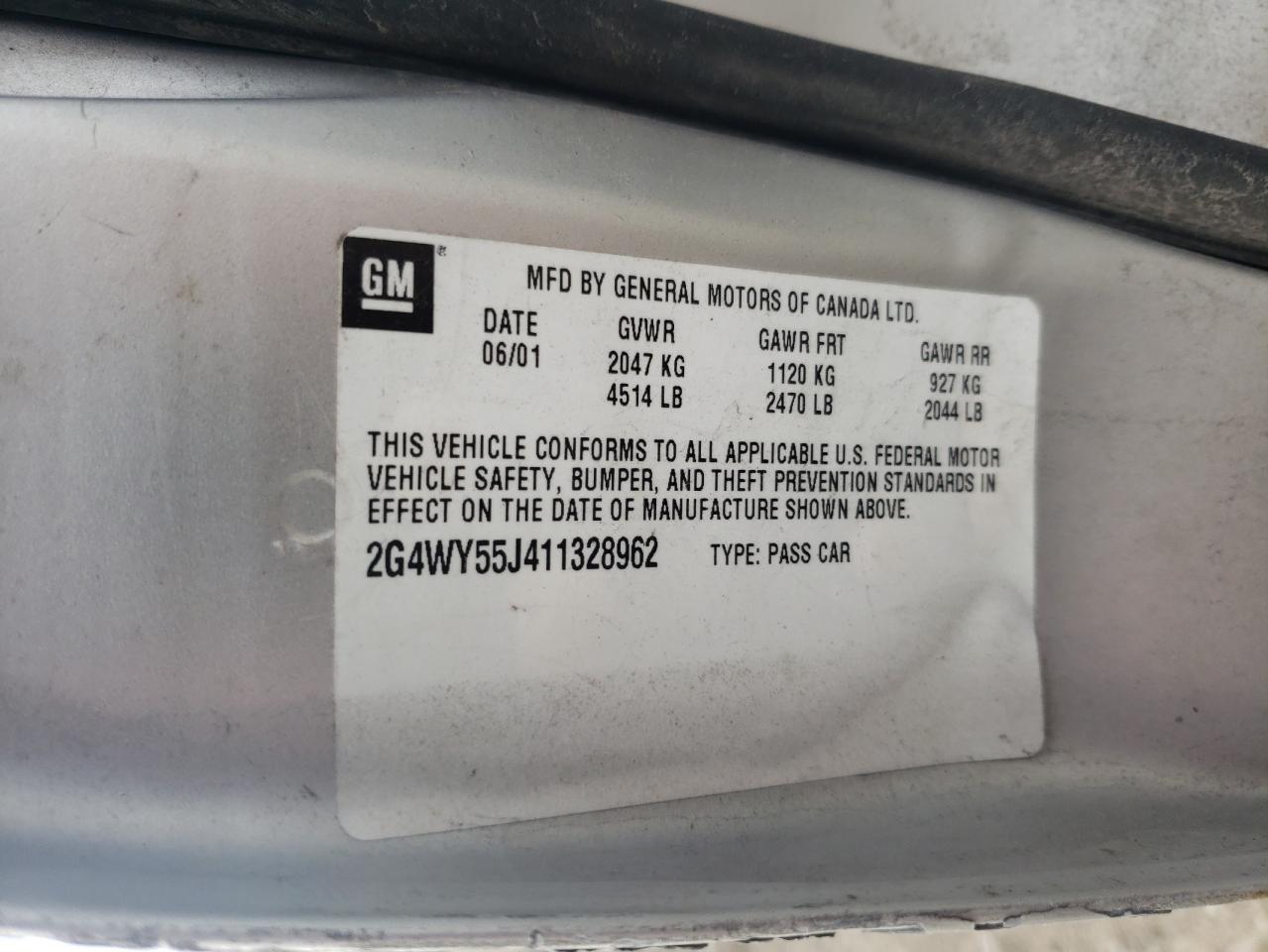 2001 Buick Century VIN 2G4WY55J411328962 Copart auction photo, front end / side damage thumbnail 14