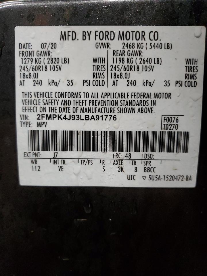 2020 Ford Edge VIN 2FMPK4J93LBA91776 Copart auction photo, front end / rear end damage thumbnail 13