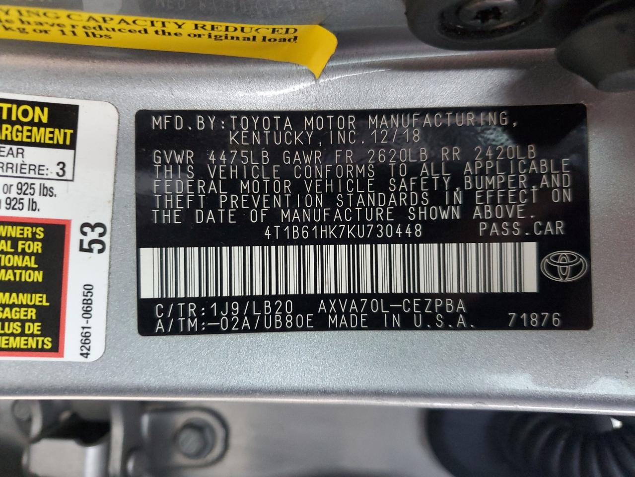 2019 Toyota Camry VIN 4T1B61HK7KU730448 Copart auction photo, side / front end damage thumbnail 12