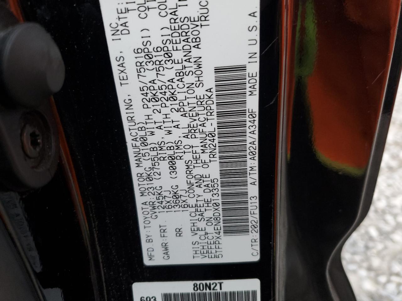 2013 Toyota Tacoma VIN 5TFPX4EN8DX013355 Copart auction photo, rear end damage thumbnail 14