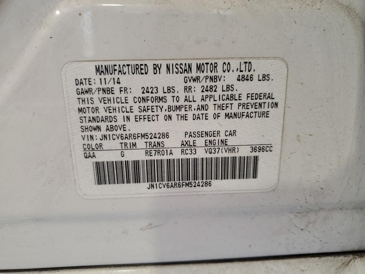 2015 Infiniti Q40 VIN JN1CV6AR6FM524286 Copart auction photo, rear end / side damage thumbnail 12