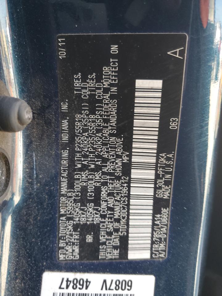2012 Toyota Sienna VIN 5TDYK3DC7CS196412 Copart auction photo, rear end / minor dent/scratches damage thumbnail 13