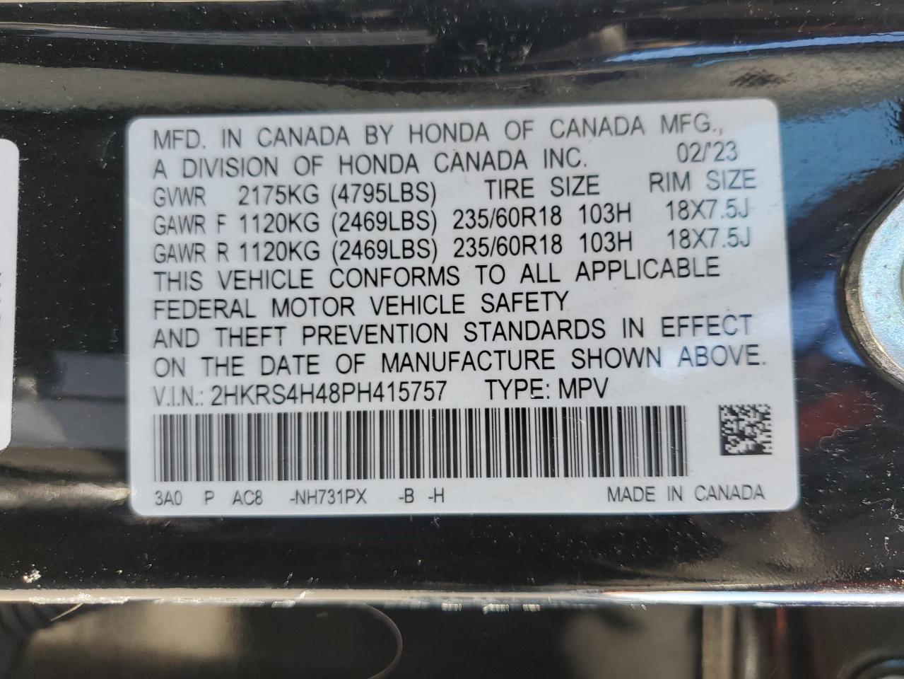 2023 Honda CR-V VIN 2HKRS4H48PH415757 Copart auction photo, front end / minor dent/scratches damage thumbnail 13