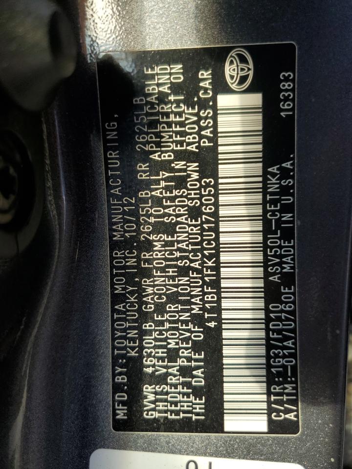 2012 Toyota Camry VIN 4T1BF1FK1CU176053 Copart auction photo, front end / minor dent/scratches damage thumbnail 14