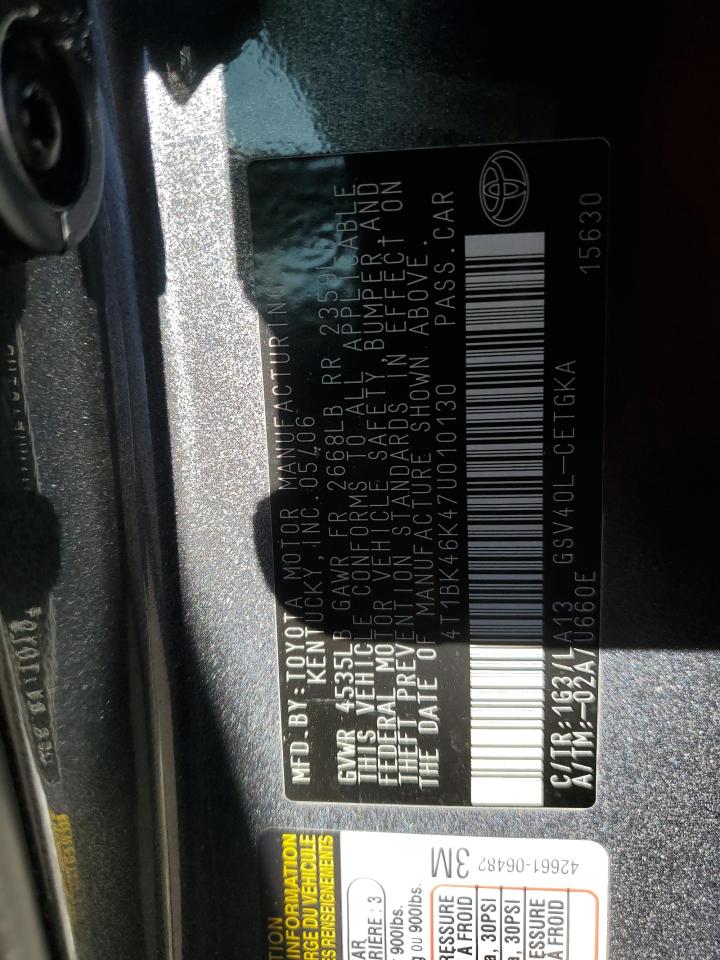 2007 Toyota Camry VIN 4T1BK46K47U010130 Copart auction photo, rear end damage thumbnail 12