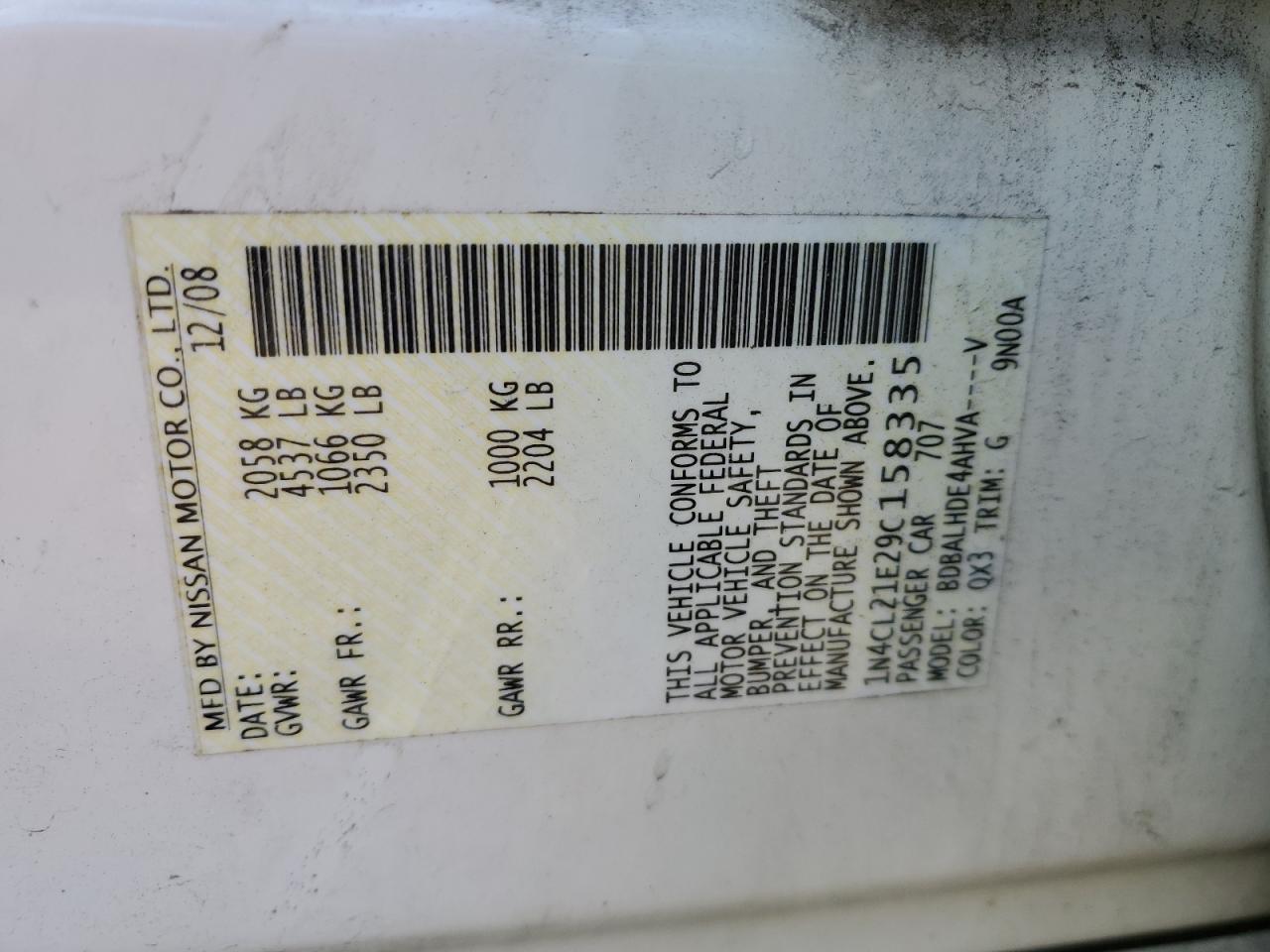 2009 Nissan Altima VIN 1N4CL21E29C158335 Copart auction photo, rear end damage thumbnail 12