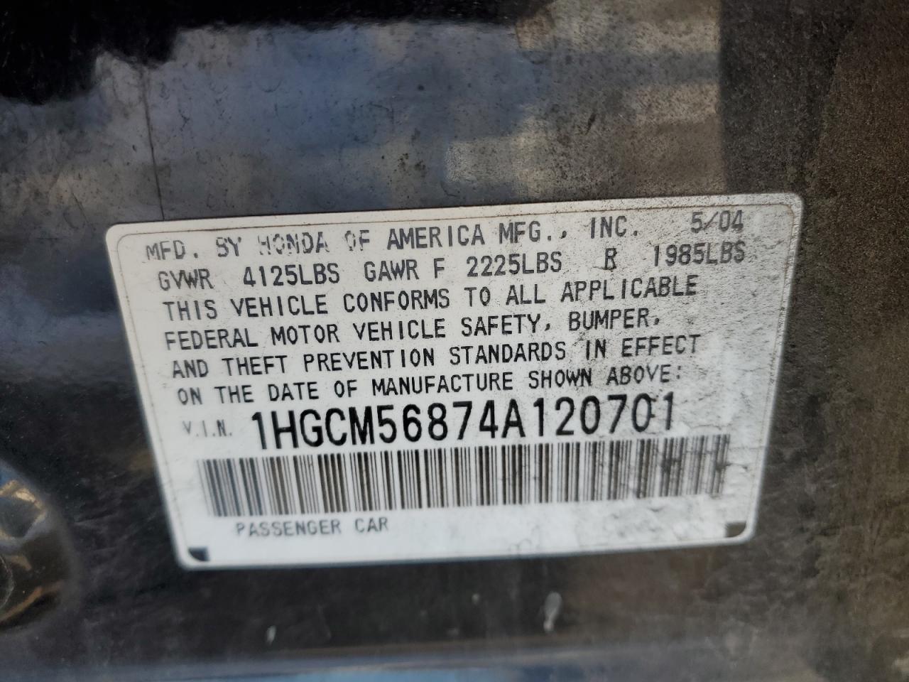 2004 Honda Accord VIN 1HGCM56874A120701 Copart auction photo, all over damage thumbnail 14