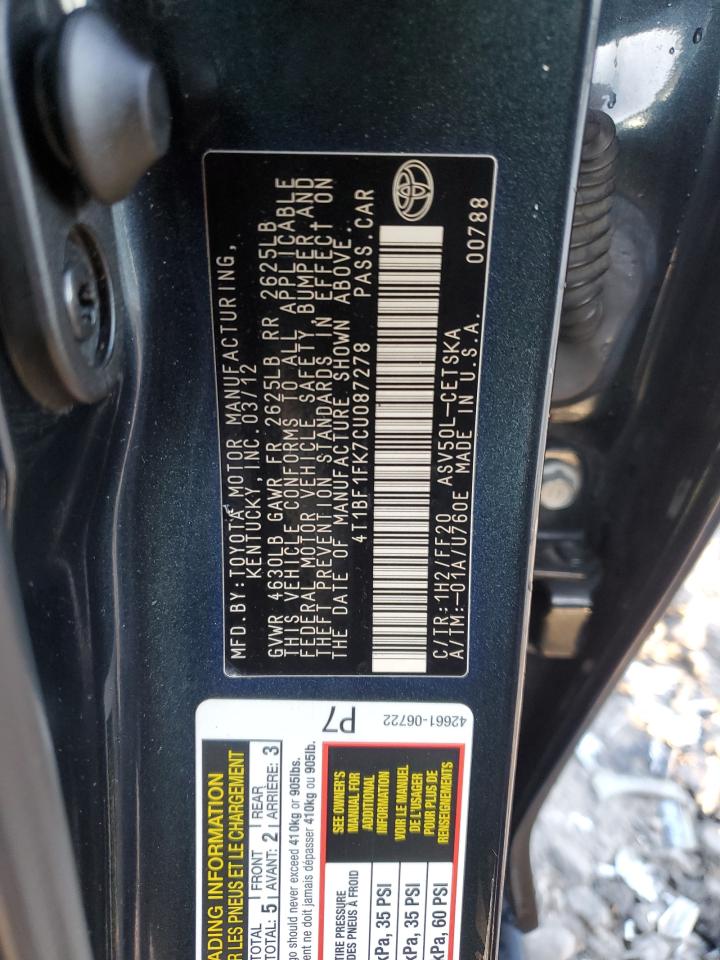 2012 Toyota Camry VIN 4T1BF1FK7CU087278 Copart auction photo, rear end damage thumbnail 12