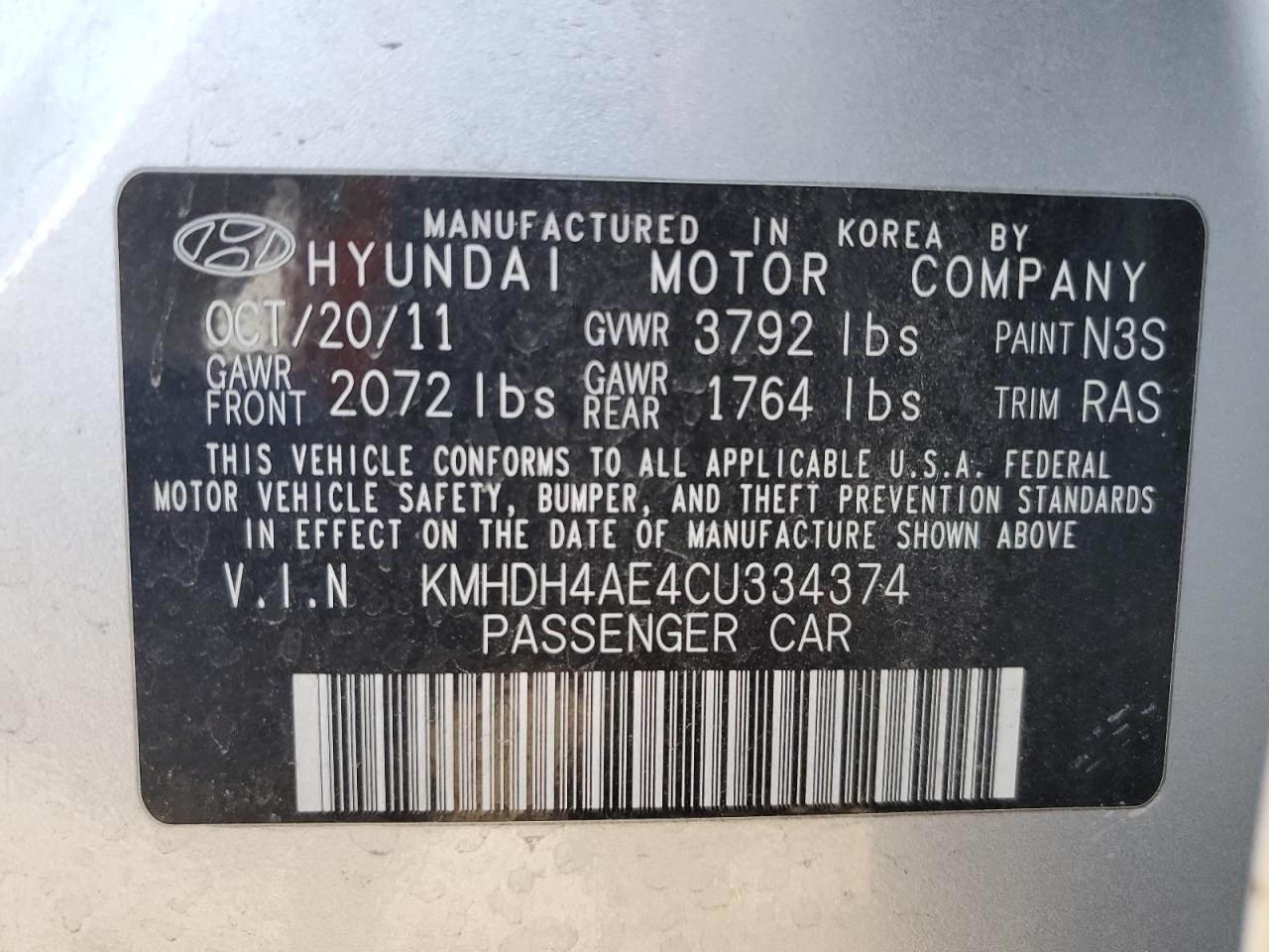 2012 Hyundai Elantra VIN KMHDH4AE4CU334374 Copart auction photo, vandalism damage thumbnail 12