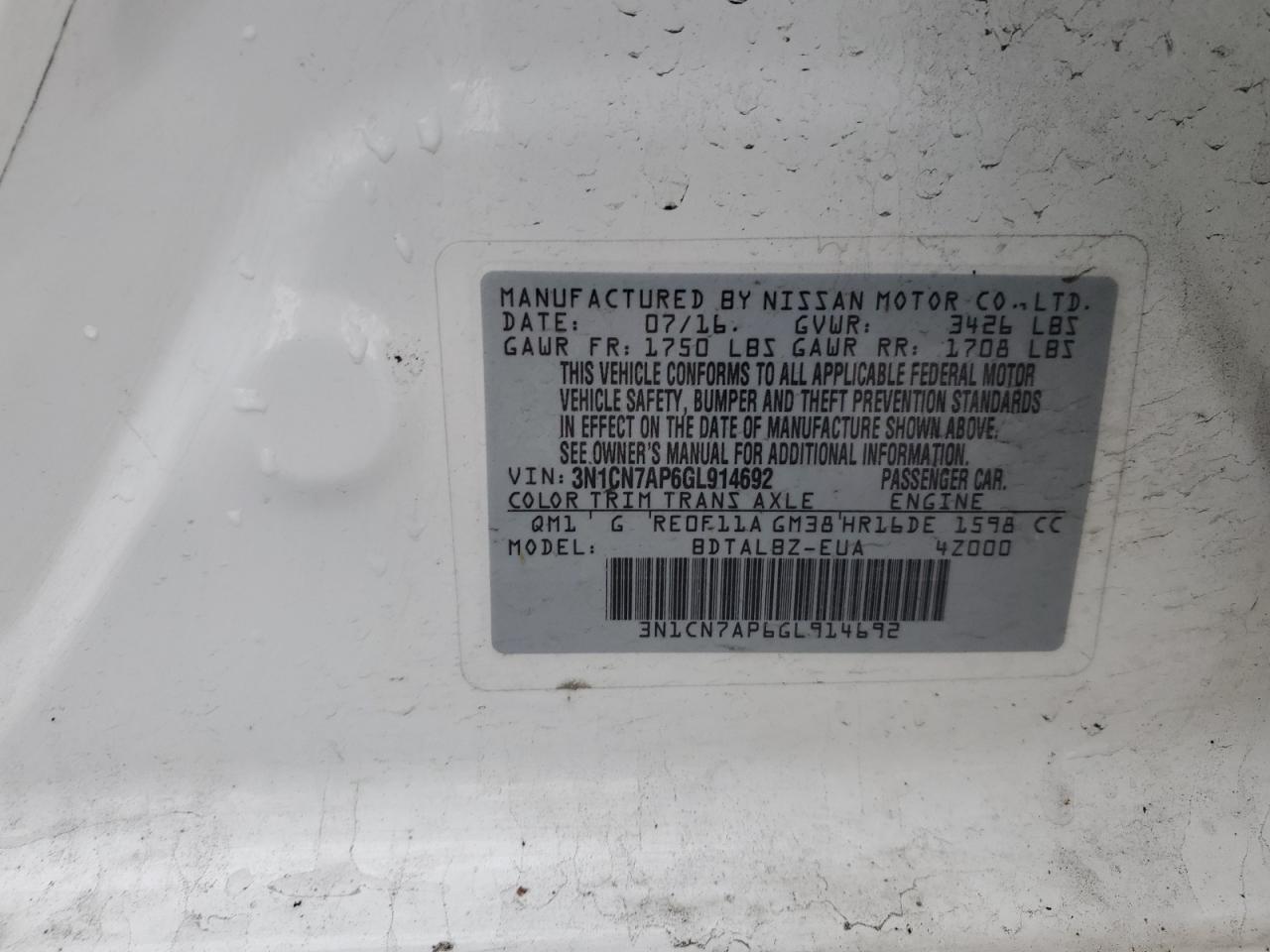 2016 Nissan Versa VIN 3N1CN7AP6GL914692 Copart auction photo, rear end / front end damage thumbnail 12