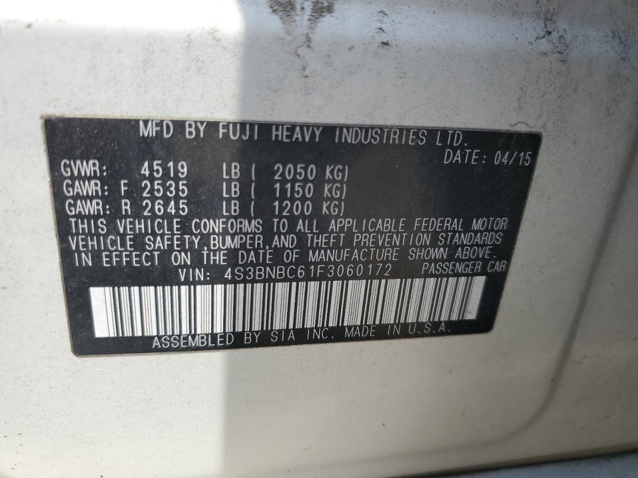 2015 Subaru Legacy VIN 4S3BNBC61F3060172 Copart auction photo, all over damage thumbnail 13
