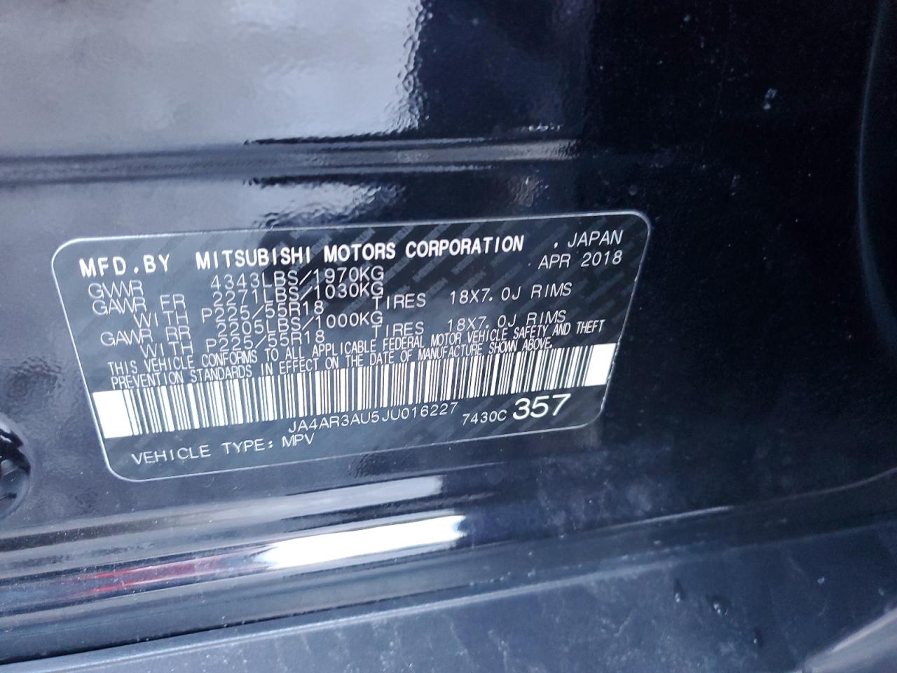 2018 Mitsubishi Outlander VIN JA4AR3AU5JU016227 Copart auction photo, rear end / side damage thumbnail 13