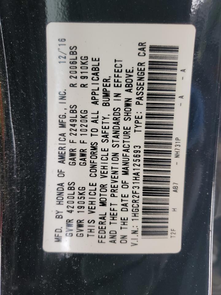 2017 Honda Accord VIN 1HGCR2F31HA125693 Copart auction photo, front end / rear end damage thumbnail 12