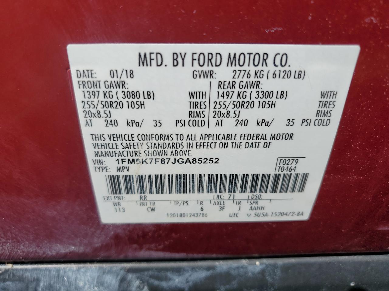 2018 Ford Explorer VIN 1FM5K7F87JGA85252 Copart auction photo, water/flood damage thumbnail 13