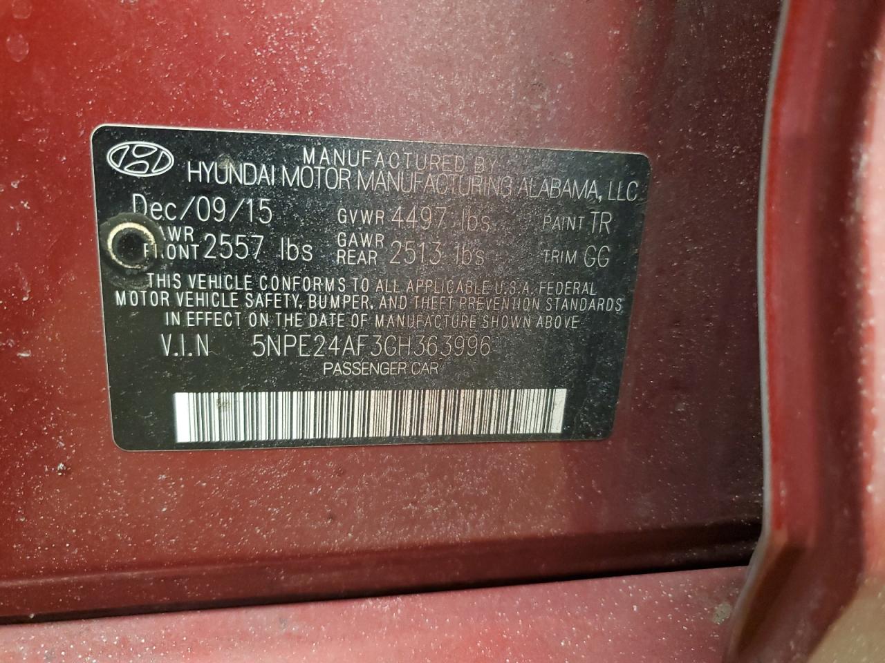 2016 Hyundai Sonata VIN 5NPE24AF3GH363996 Copart auction photo, rear end damage thumbnail 12