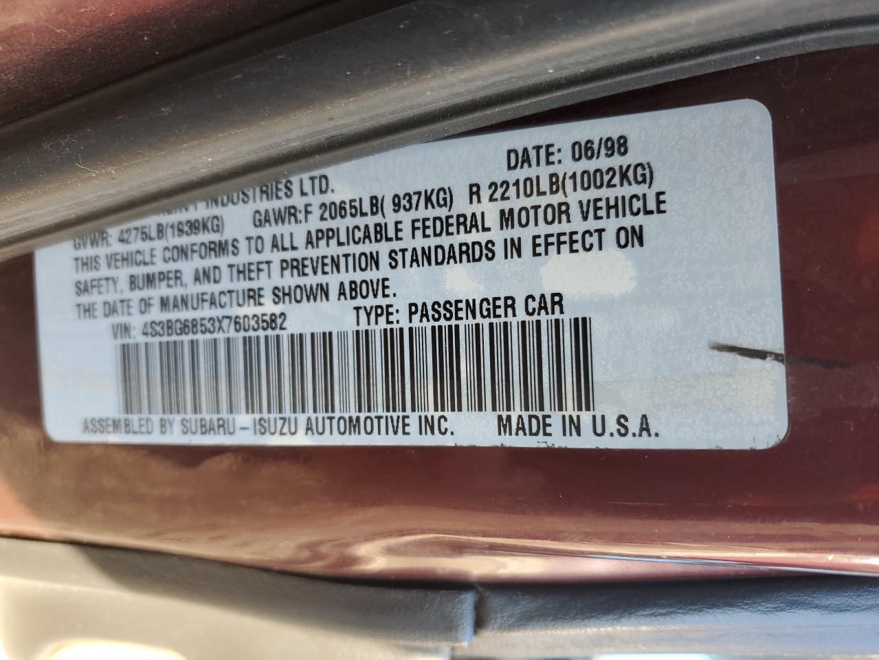1999 Subaru Legacy VIN 4S3BG6853X7603582 Copart auction photo, rear end / side damage thumbnail 12