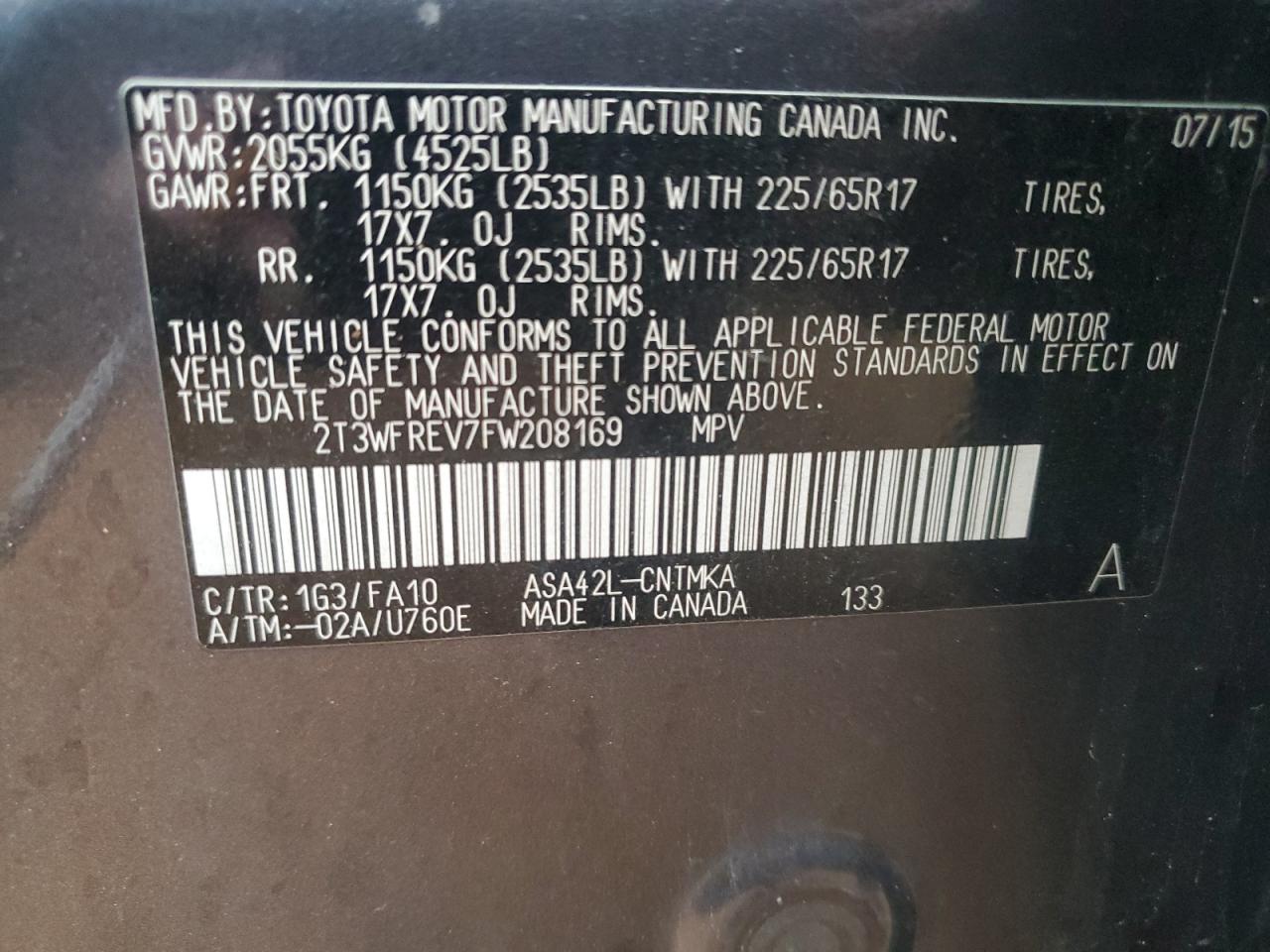 2015 Toyota RAV 4 VIN 2T3WFREV7FW208169 Copart auction photo, front end damage thumbnail 13