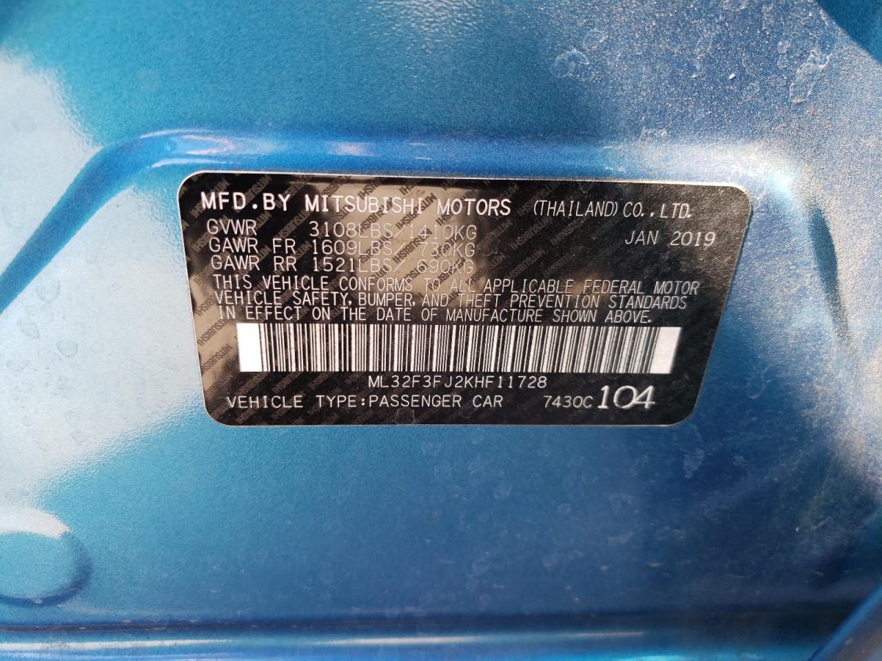 2019 Mitsubishi Mirage VIN ML32F3FJ2KHF11728 Copart auction photo, rear end damage thumbnail 12