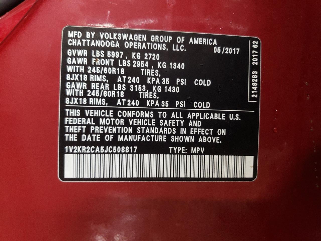 2018 Volkswagen Atlas VIN 1V2KR2CA5JC508817 Copart auction photo, rear end damage thumbnail 14