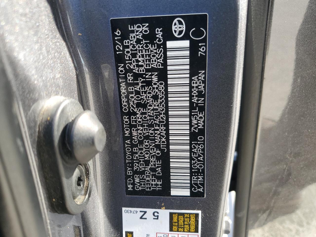 2017 Toyota Prius VIN JTDKARFU2H3533580 Copart auction photo, rear end damage thumbnail 13