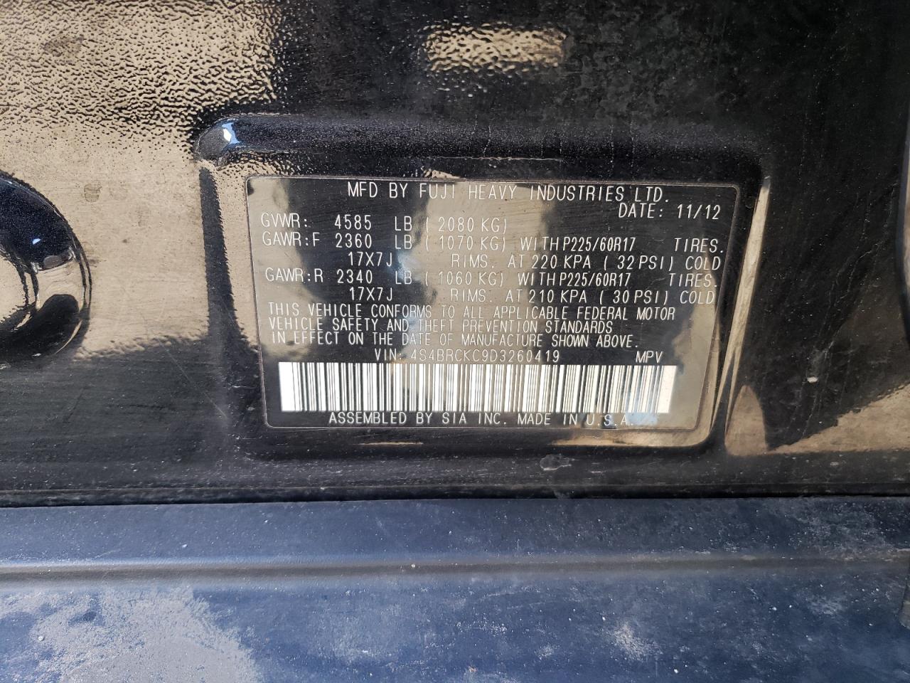 2013 Subaru Outback VIN 4S4BRCKC9D3260419 Copart auction photo, rollover / hail damage thumbnail 14