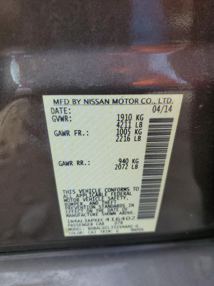 2014 Nissan Altima VIN 1N4AL3APXEC416402 Copart auction photo, rear end damage thumbnail 13