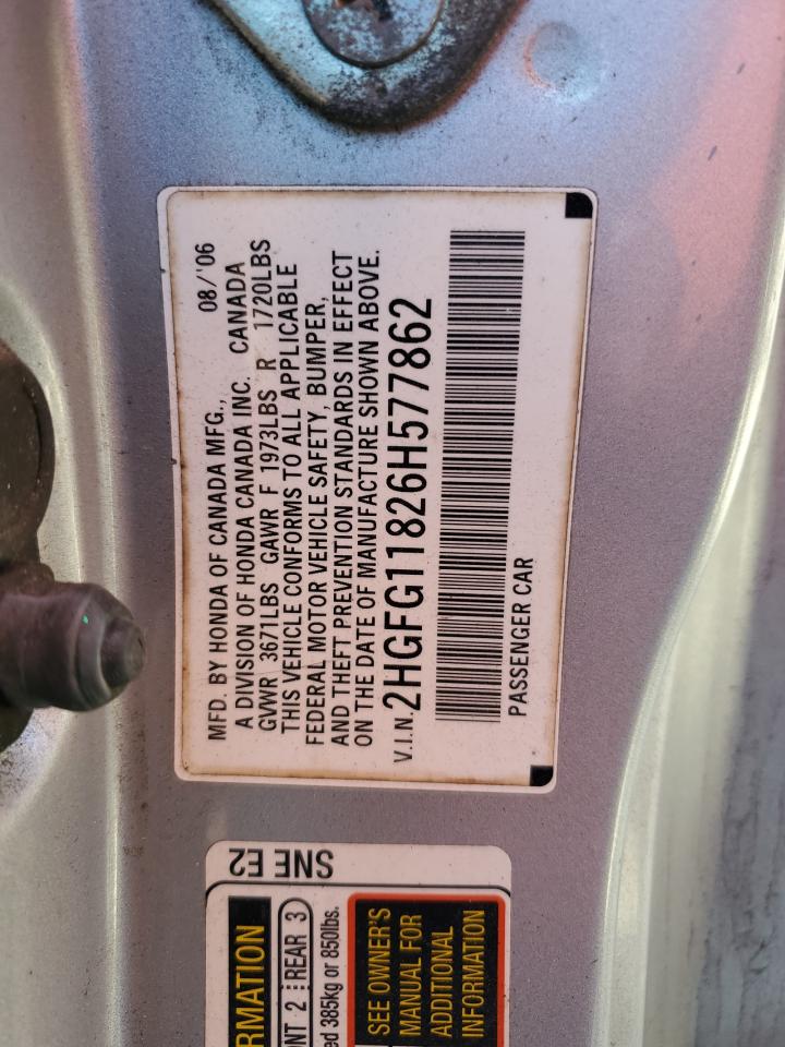 2006 Honda Civic VIN 2HGFG11826H577862 Copart auction photo, mechanical damage thumbnail 12
