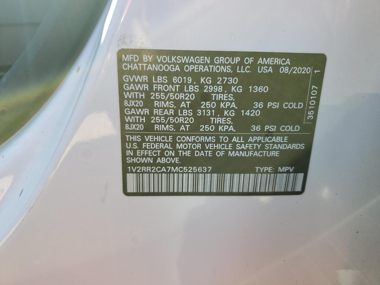 2021 Volkswagen Atlas VIN 1V2RR2CA7MC525637 Copart auction photo, front end damage thumbnail 13