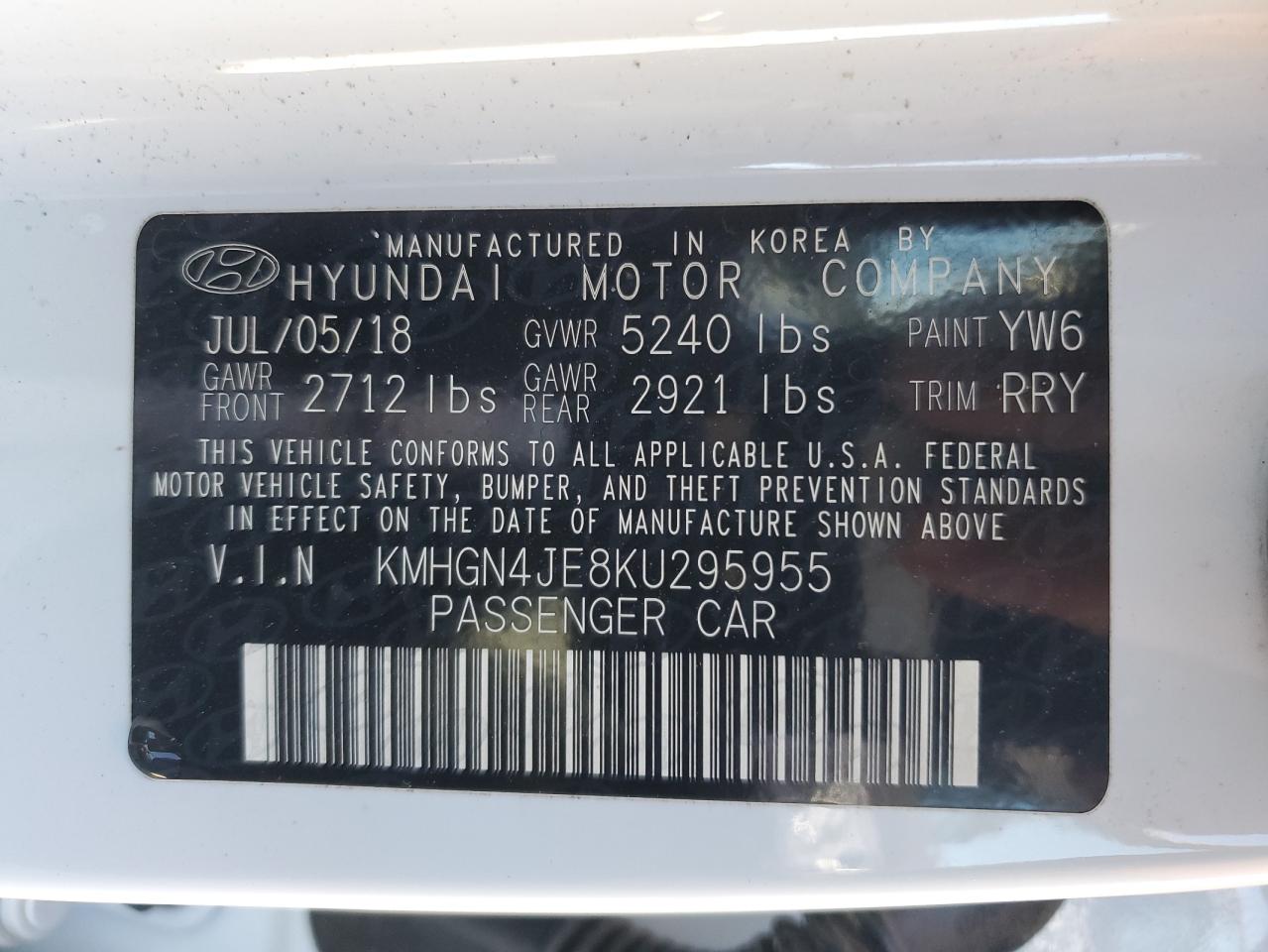 2019 Genesis G80 VIN KMHGN4JE8KU295955 Copart auction photo, front end damage thumbnail 13