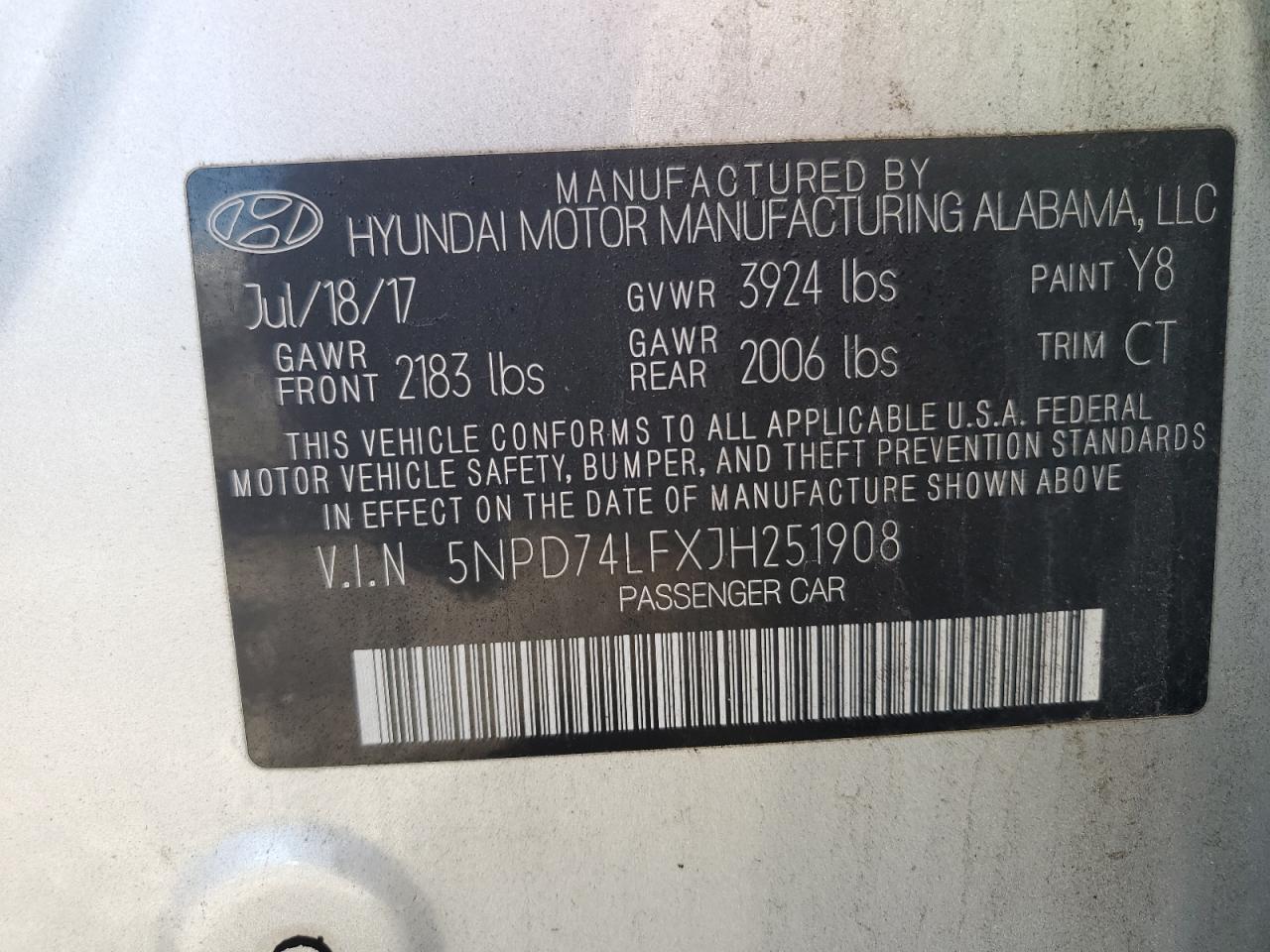 2018 Hyundai Elantra VIN 5NPD74LFXJH251908 Copart auction photo, vandalism damage thumbnail 12