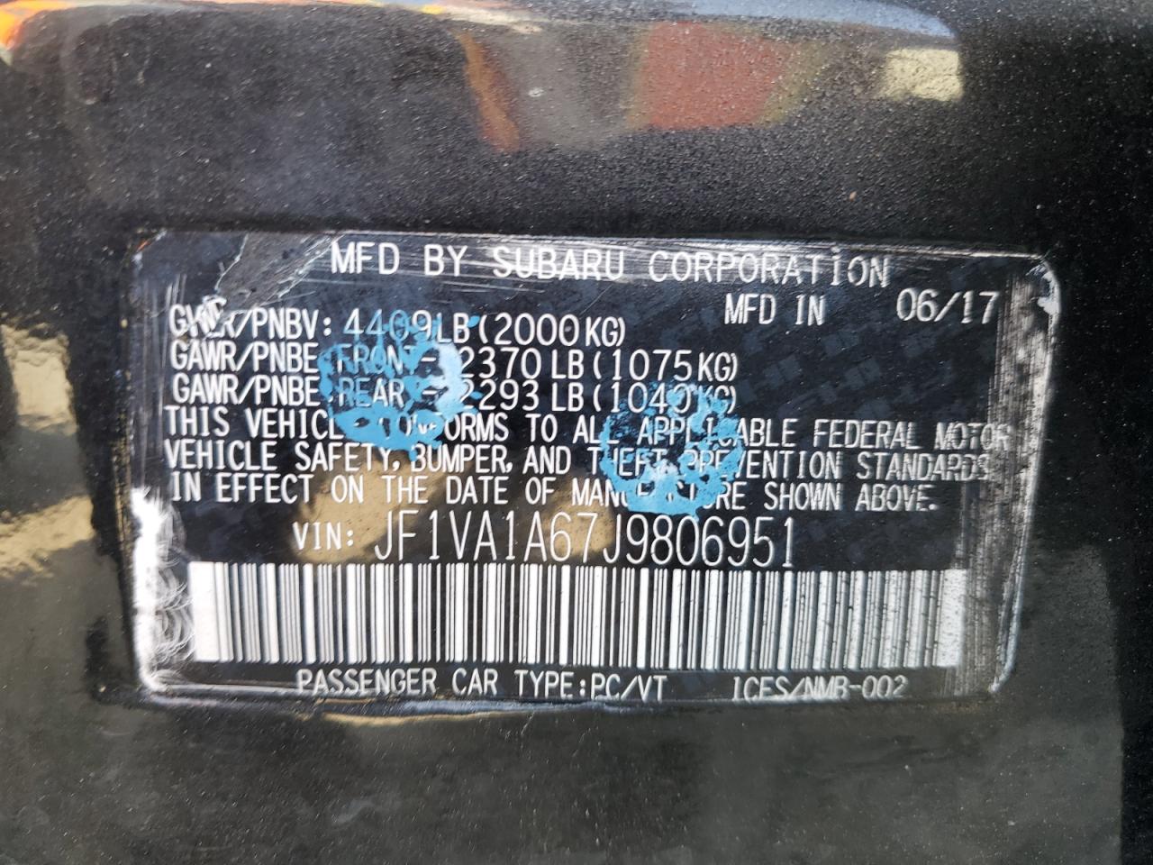 2018 Subaru WRX VIN JF1VA1A67J9806951 Copart auction photo, rear end damage thumbnail 13