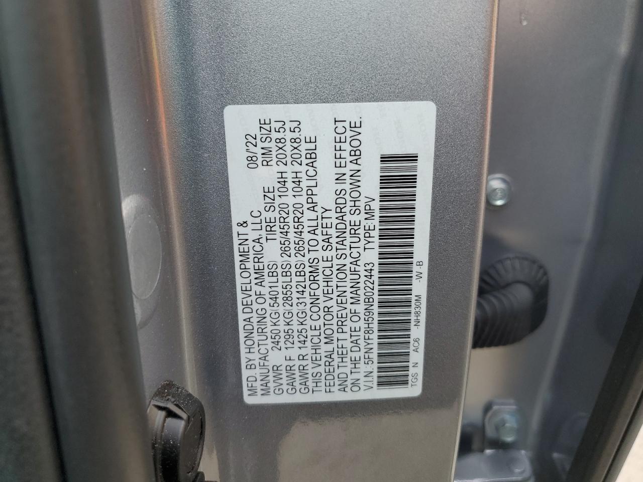 2022 Honda Passport VIN 5FNYF8H59NB022443 Copart auction photo, water/flood damage thumbnail 14