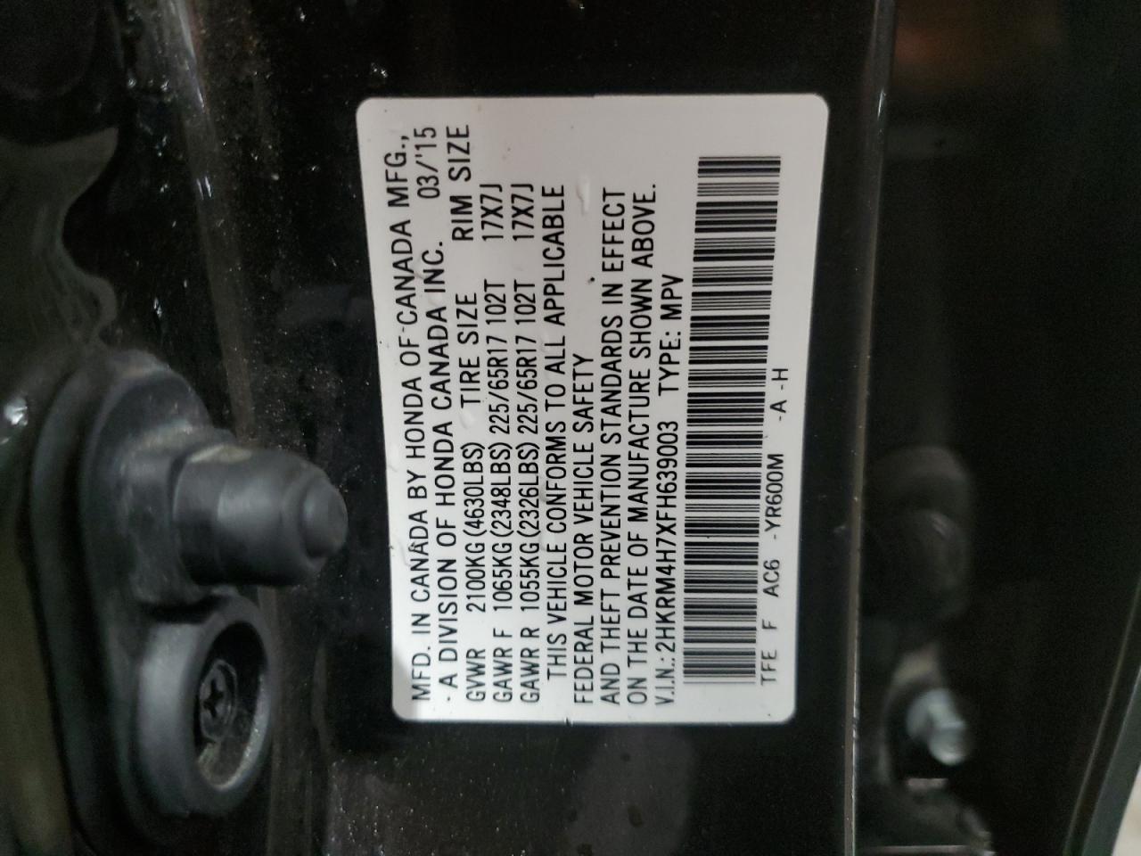 2015 Honda CR-V VIN 2HKRM4H7XFH639003 Copart auction photo, front end damage thumbnail 16