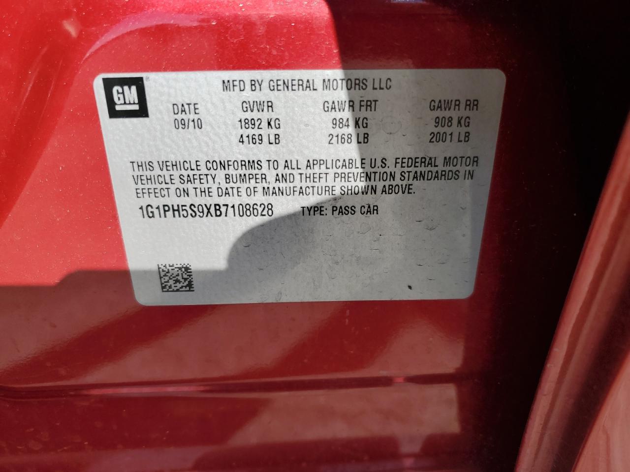 2011 Chevrolet Cruze VIN 1G1PH5S9XB7108628 Copart auction photo, rear end / side damage thumbnail 12