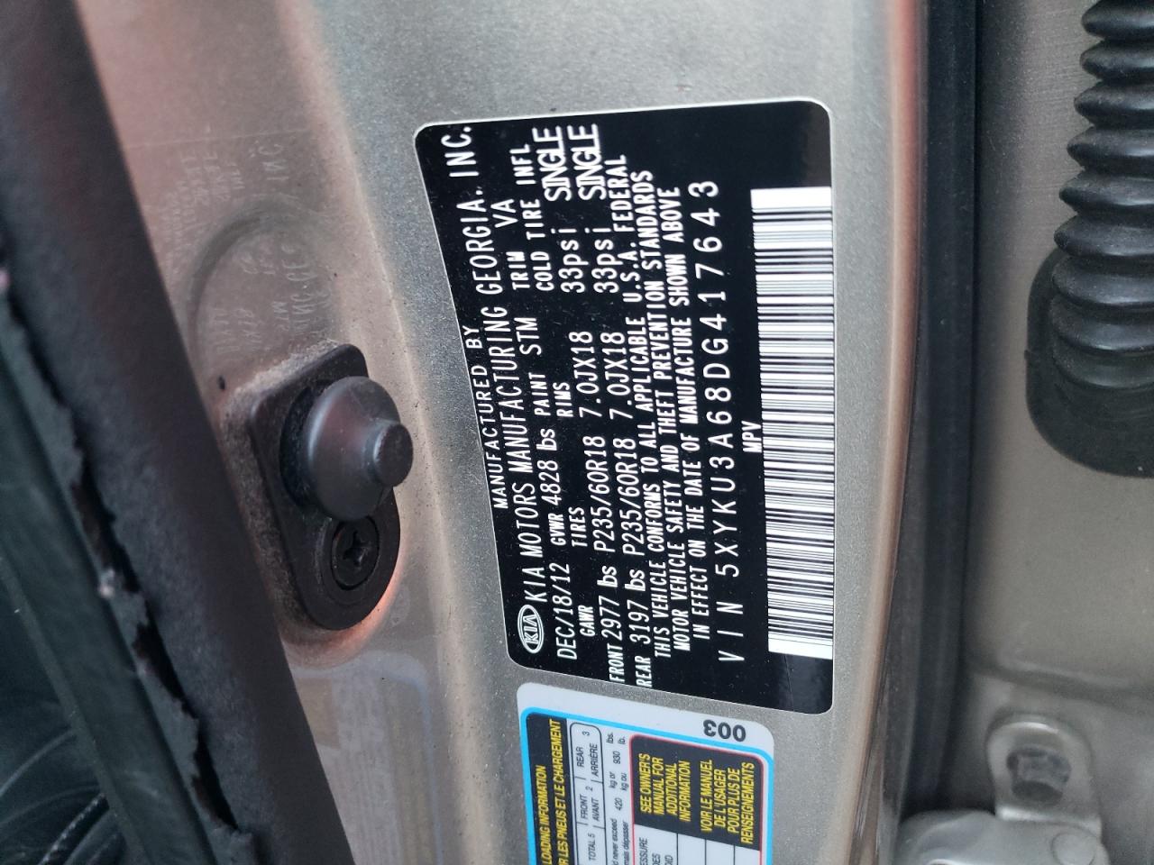 2013 KIA Sorento VIN 5XYKU3A68DG417643 Copart auction photo, side / minor dent/scratches damage thumbnail 12