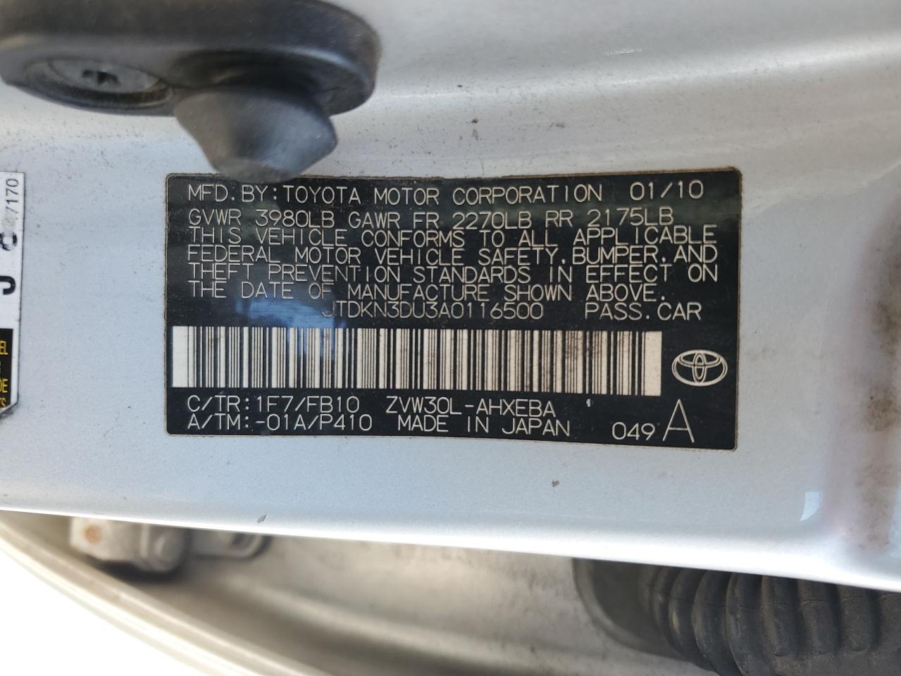 2010 Toyota Prius VIN JTDKN3DU3A0116500 Copart auction photo, water/flood damage thumbnail 12