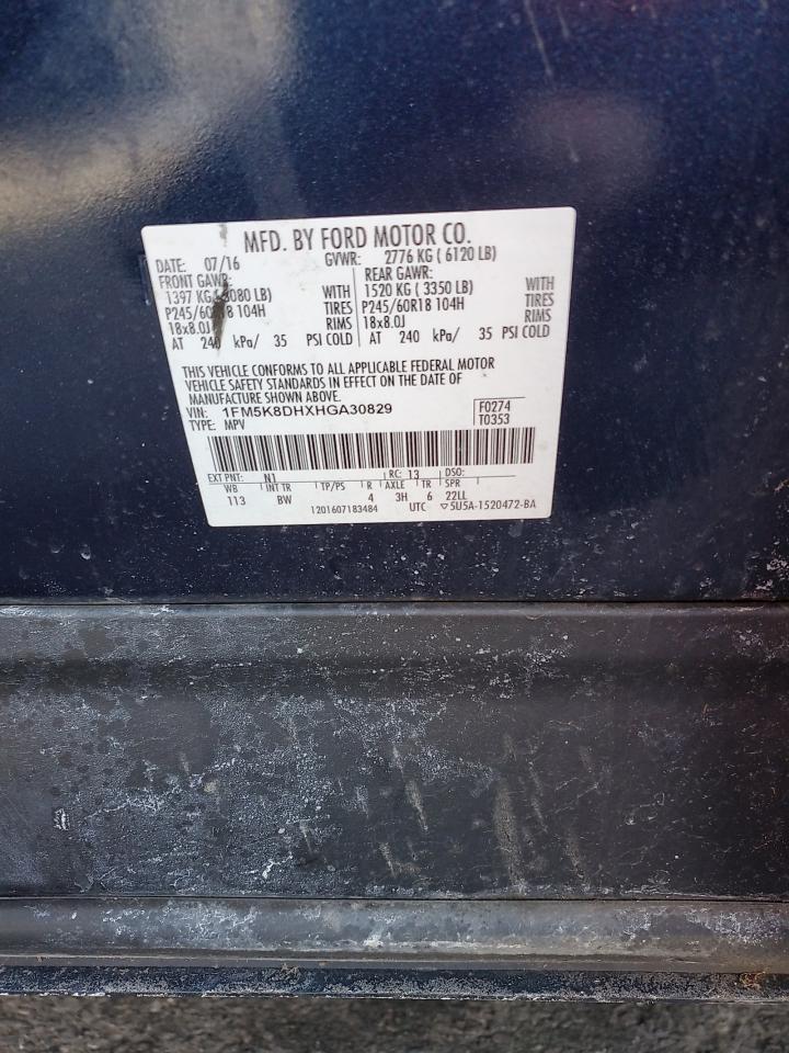 2017 Ford Explorer VIN 1FM5K8DHXHGA30829 Copart auction photo, rear end / front end damage thumbnail 13
